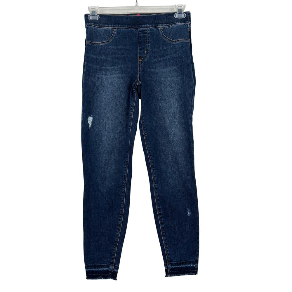 Spanx Pull On Jeans Size M High Rise Stretch Denim Distressed Raw Hem Skinny - Picture 1 of 11